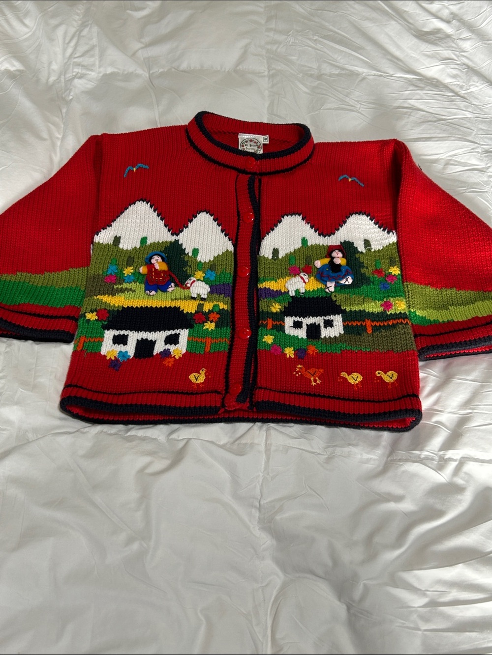 Red Wool Kids Cardigan Jacket with Embroidered SwissVillage Motif